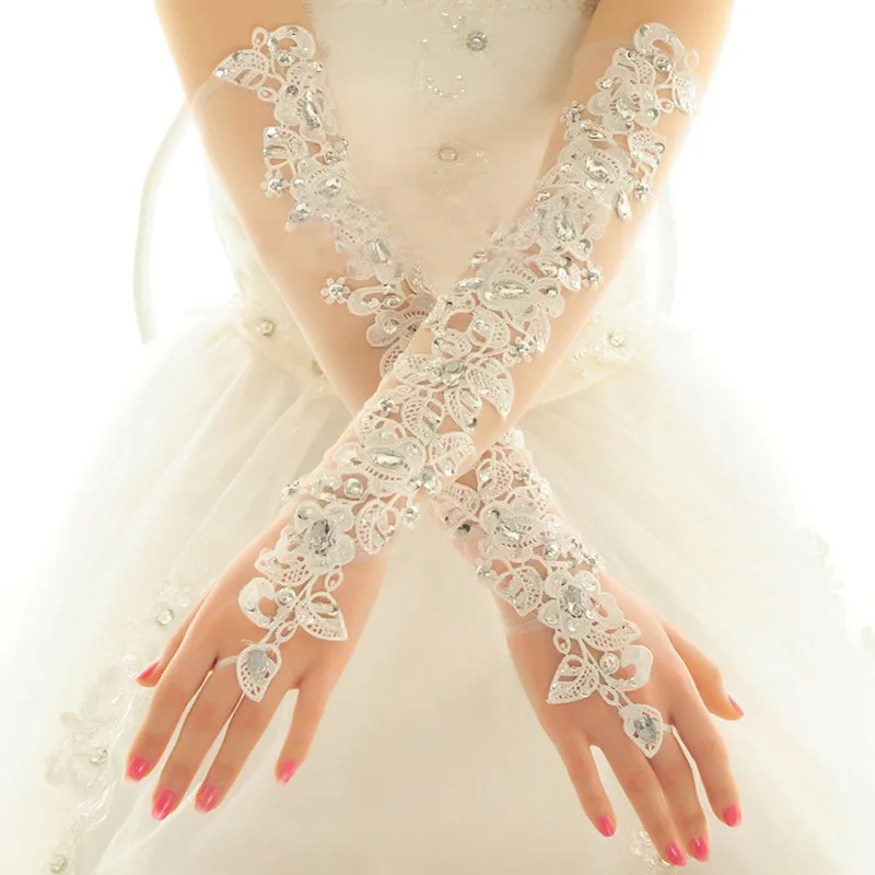 Guantes de Novia długa Opera długość rękawiczki ślubne dla panny młodej Fingerless Crystal koronka w kolorze kości słoniowej rękawiczki ślubne akcesoria ślubne 209