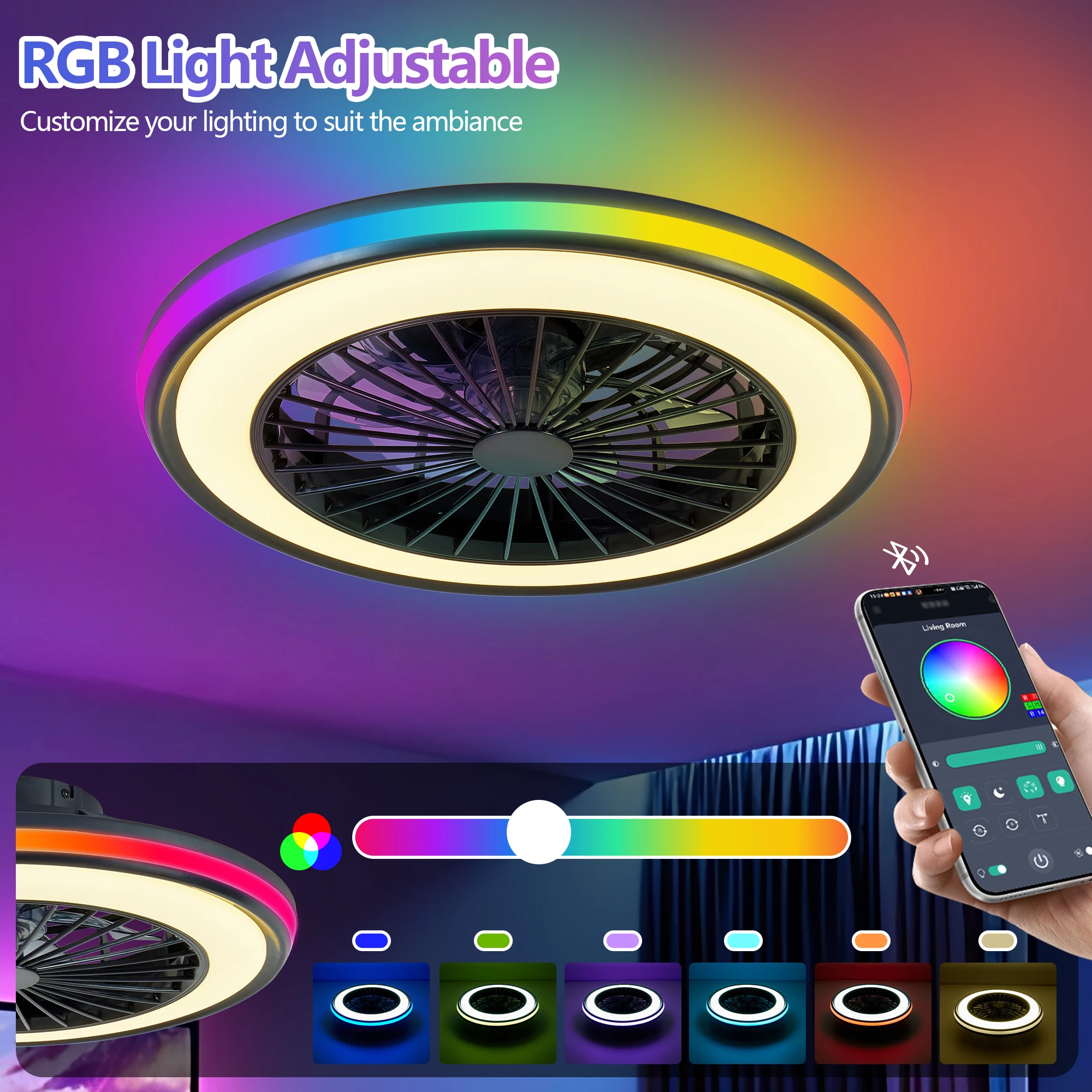 

Бесшумный потолочный вентилятор без лопастей с RGB-подсветкой, многоцветной атмосферной подсветкой, всесезонный, для декора комнаты