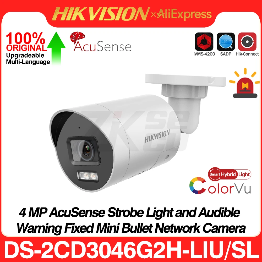 Hikvision DS-2CD3046G2H-LIU/SL 4MP Acusense ColorVu Smart Hybrid Light IP Camera Strobe Light Audible Alarm 2-Way Audio SD Slot