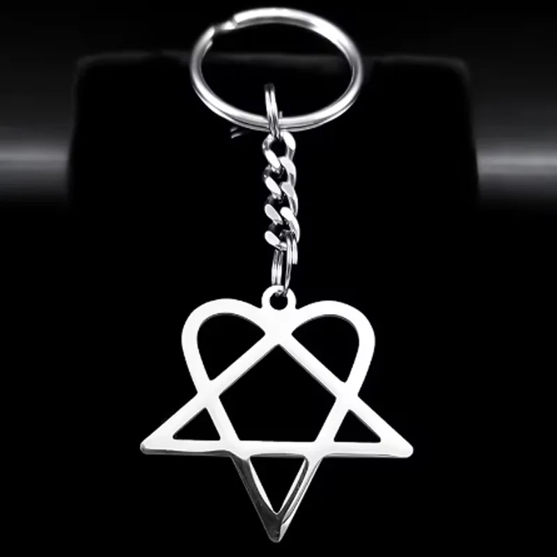 록 음악 그 Heartagram 스타 하트 열쇠 고리 스테인레스 스틸 실버 컬러 남성 여성 가방 매력 열쇠 고리 파티 선물 쥬얼리