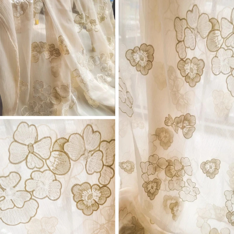 Four Leaf Clover Silk Wrinkled Sequin Embroidered Fabric Retro Dress Hanfu Translucent Lightweight Clothing Designer Fabric