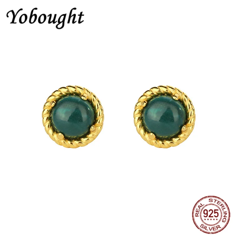 

925 Pure Silver Gold-plated Natural Peacock Stone Round Earrings For Women Retro Simple Exquisite And High-end Jewelry