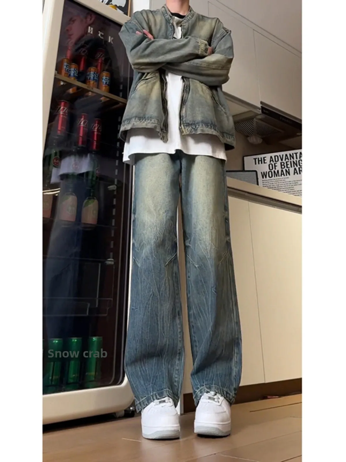 

American Workwear Bamboo Texture Men's Jeans Korean Lazy Sle Straight Leg High Waist Long Pants Cotton Polyester Blend