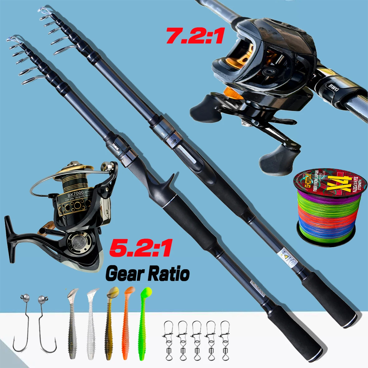 telescopica isca vara de pesca kit de carretel com linha de pesca isca de gancho conjunto completo bass fishing rod carretel de fundicao 8kg max drag 1830m 01