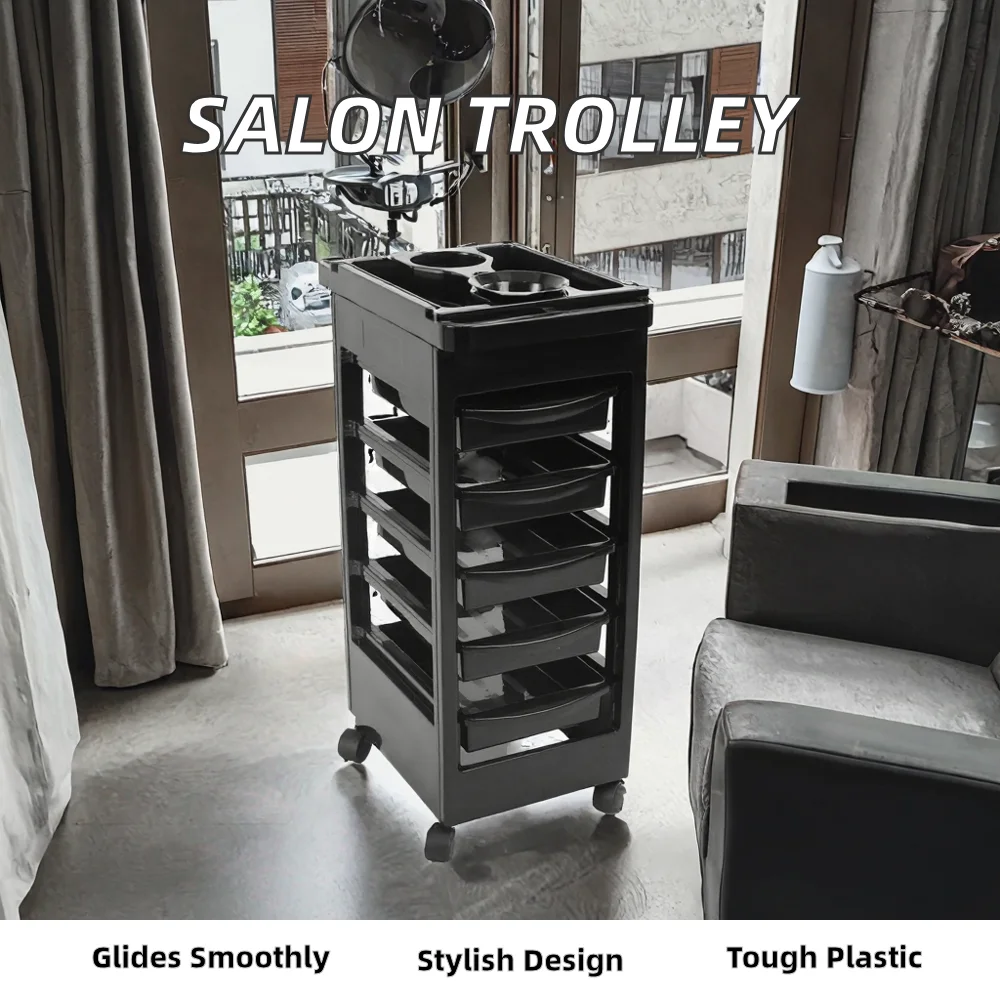 Professional Mason Salon Spa Cart Trolley Plastic 4-Wheel Easy Moving Modern Design Barber Hairdresser Black