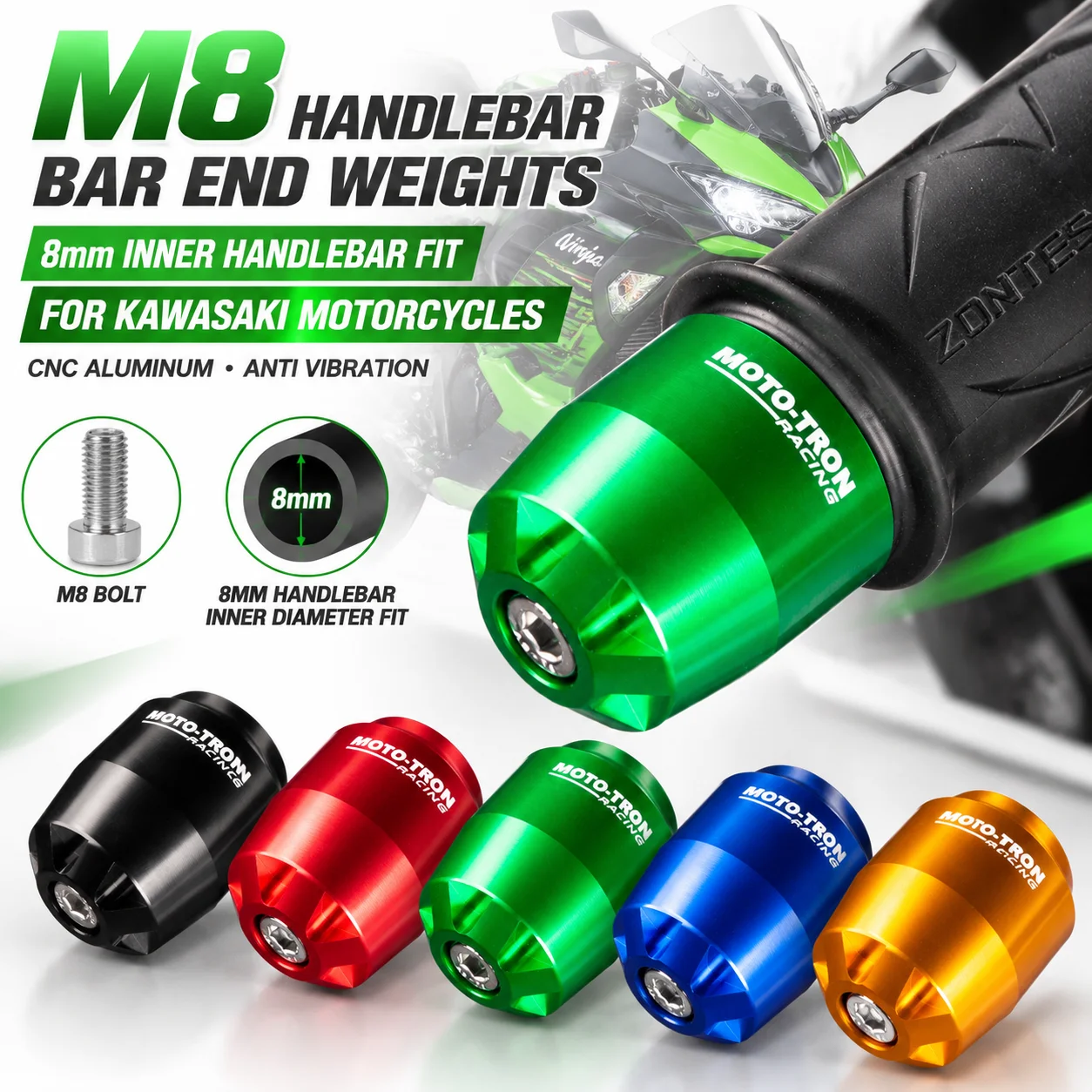 MOTO TRON Motorcycle M8 Handlebar Bar End Weights Balancer Plugs For Kawasaki 8mm Inner Diameter Handlebar Grip End Caps