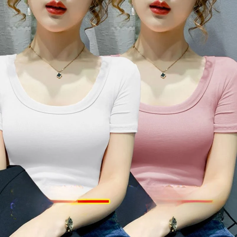 Elastic Short Sleeve T-Shirt Women's Summer New Style Low Collar Thread Tight Fit Base Shirt Versatile Half Sleeve Top