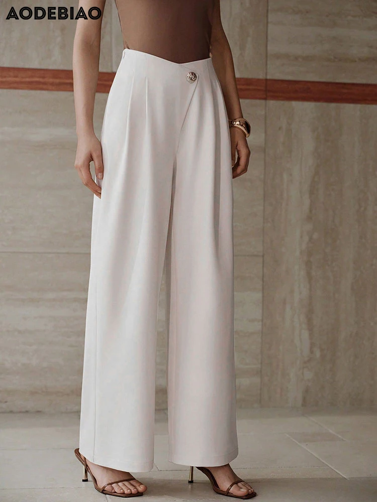 AODEBIAO Women's Straight Leg Trousers Summer Elegant Basic Pants Solid Fashion Casual Simple Office High Waist Trousers Female