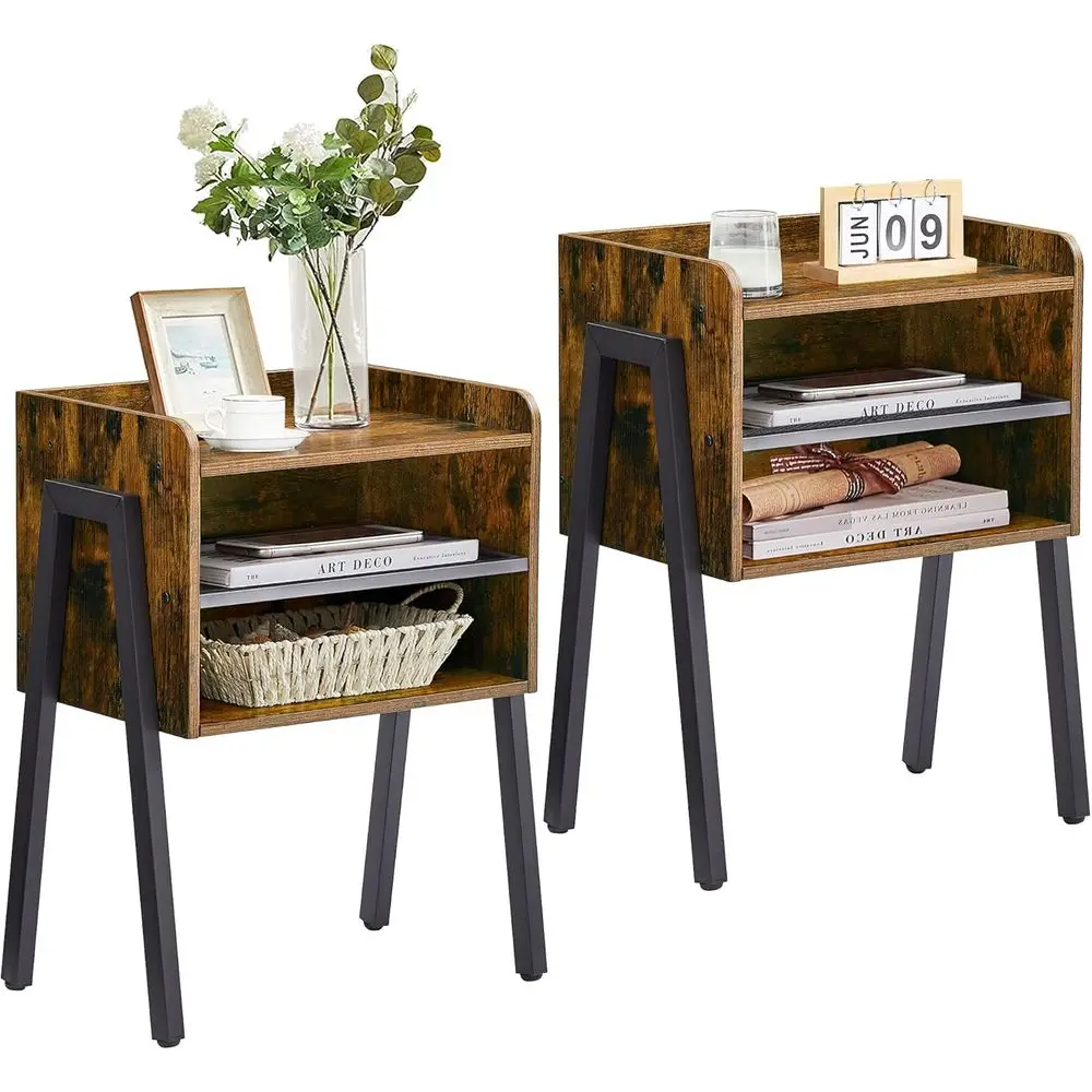 2-Tier Industrial Style Stackable End Table with Open Storage for Bedroom, Living Room, and Small Spaces