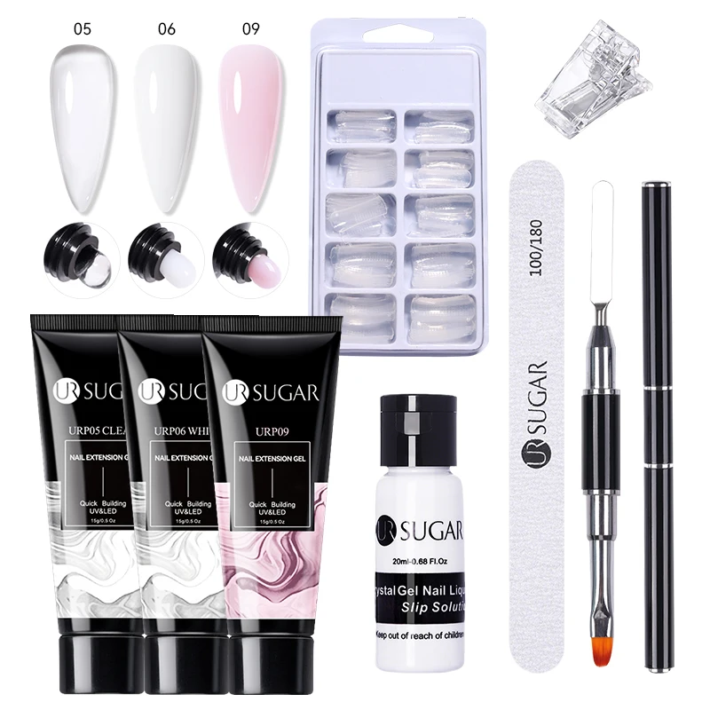 UR SUGAR 8-teiliges Set 15ml Schnellverlängerungs-Gel-Set Klares Rosa Nagel-UV-Gel Tip-Form-Schablonen-Pinsel-Kit mit 100 Stück Verlängerungsformen