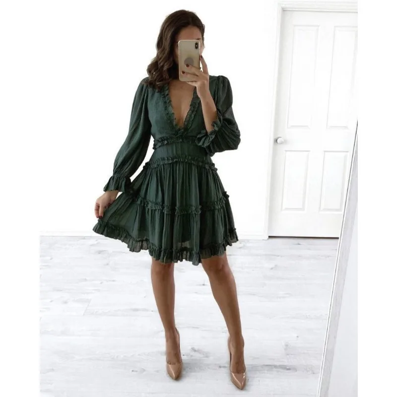 Sexy manga longa com decote em v chiffon férias espartilho em camadas plissado vestido elegante feminino floral impressão boêmio vestido de praia