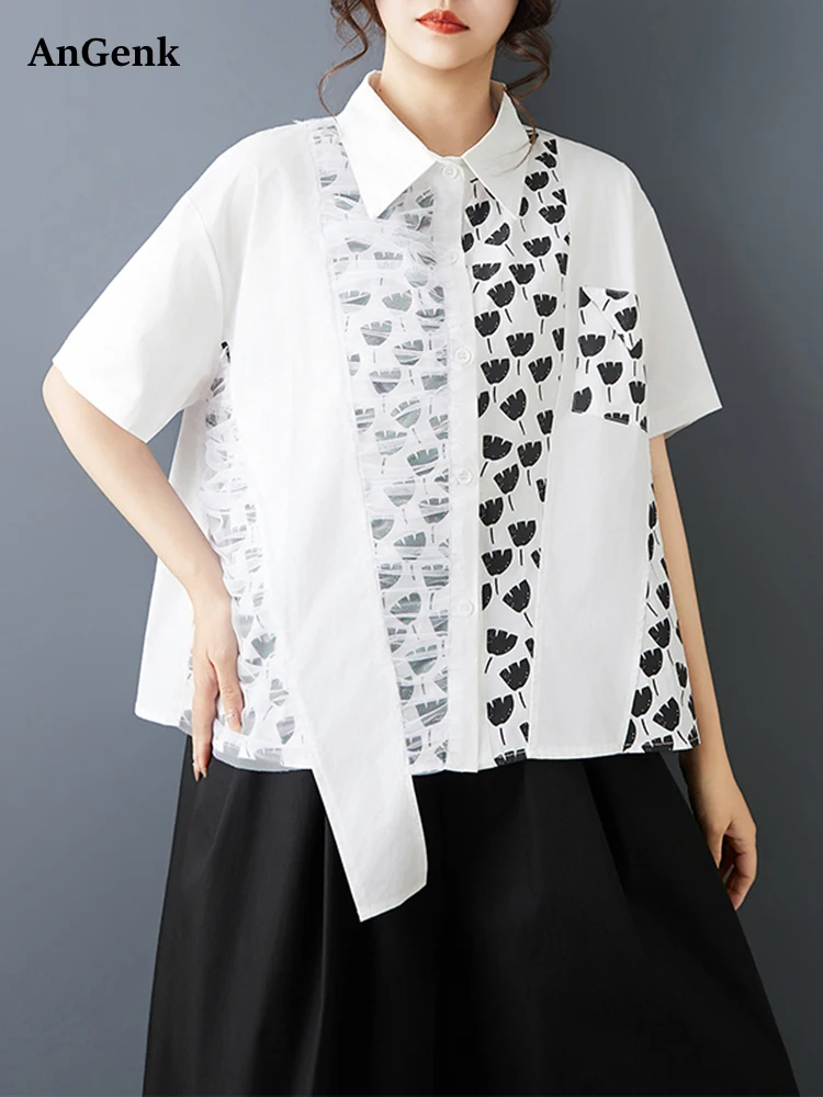 

Cotton White Vintage Print Mesh Patchwork Shirt Women Summer New Short Sleeve Loose Casual Blouse Top Fashion Clothing 2026