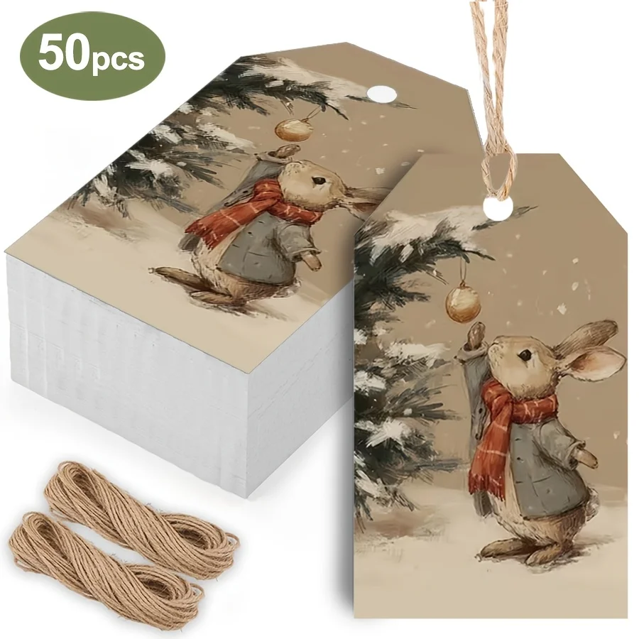 50Pcs Vintage Rabbit Xmas Hang Tags with Hemp Rope, Blank Writable Back, Christmas Gift Labels for Gift Packaging, Baking Snack