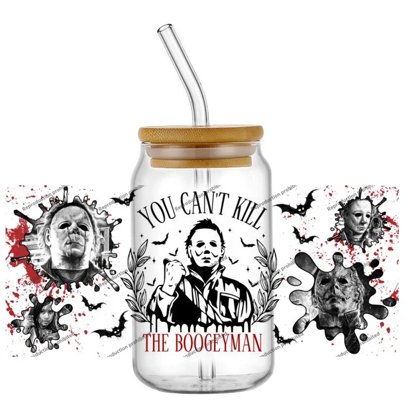 Hotsale Spooky Horror Movie Killer Poster Art 16oz UV DTF 3D Sticker Transfer Decals Trendy Glass Can Cups Halloween Craft DIY