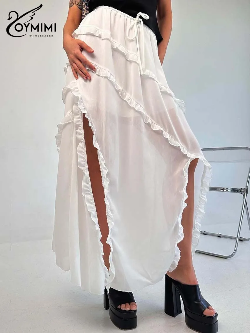 

Oymimi Casual White Ruffled Skirts For Women Elegant Drawstring Side Slit Skirts Fashion Mid Waisted Floor-Length Skirt Female