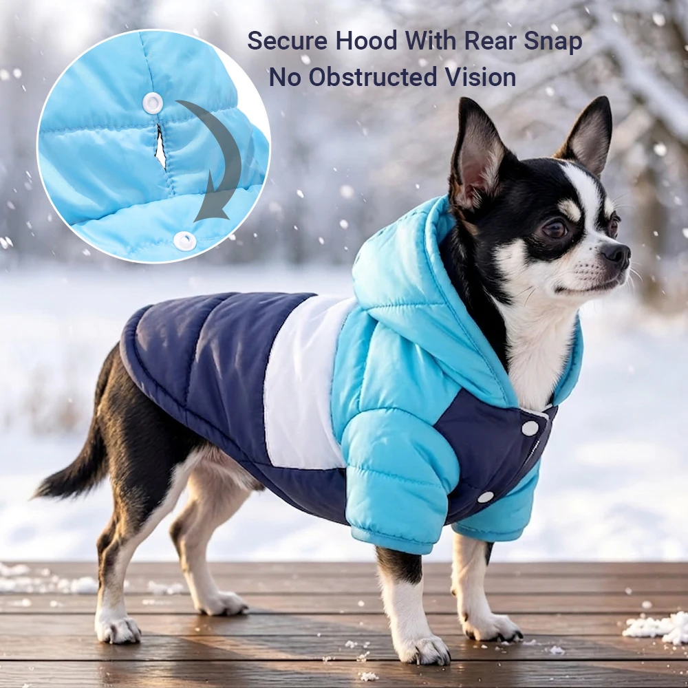 Warme Hundejacke mit Kapuze, Wintermantel für kleine und mittelgroße Hunde, weiche, wattiert Baumwollkleidung für Welpen, winddichtes Outfit mit Leinenloch. – Detail 13