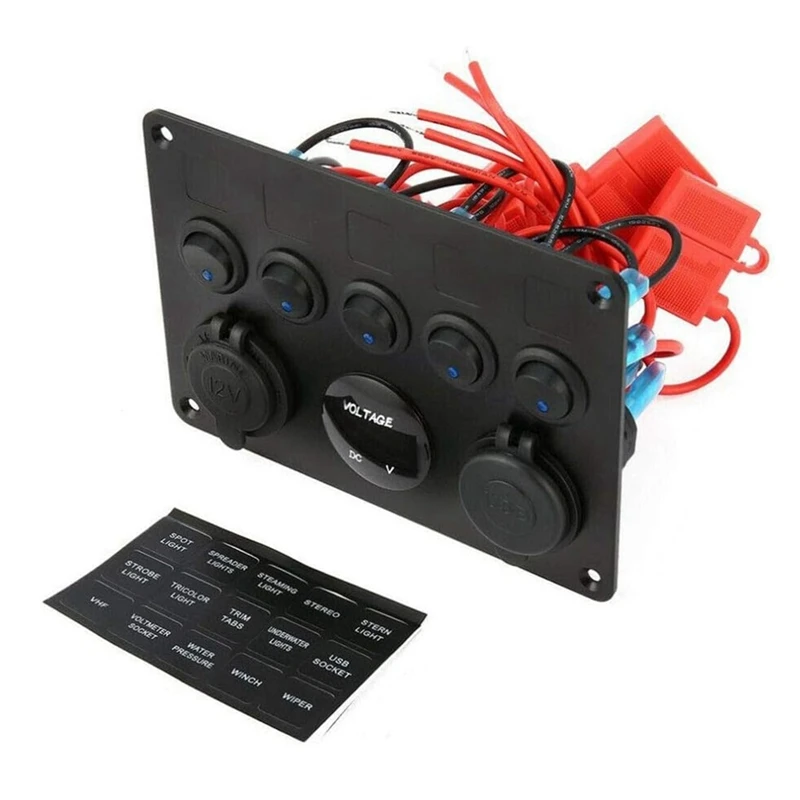 5 Gang Switch Panel, 12V/24V Inline Fuse Box LED Switch Panel Dual USB Socket Power Outlet LED Voltmeter For Boat Truck