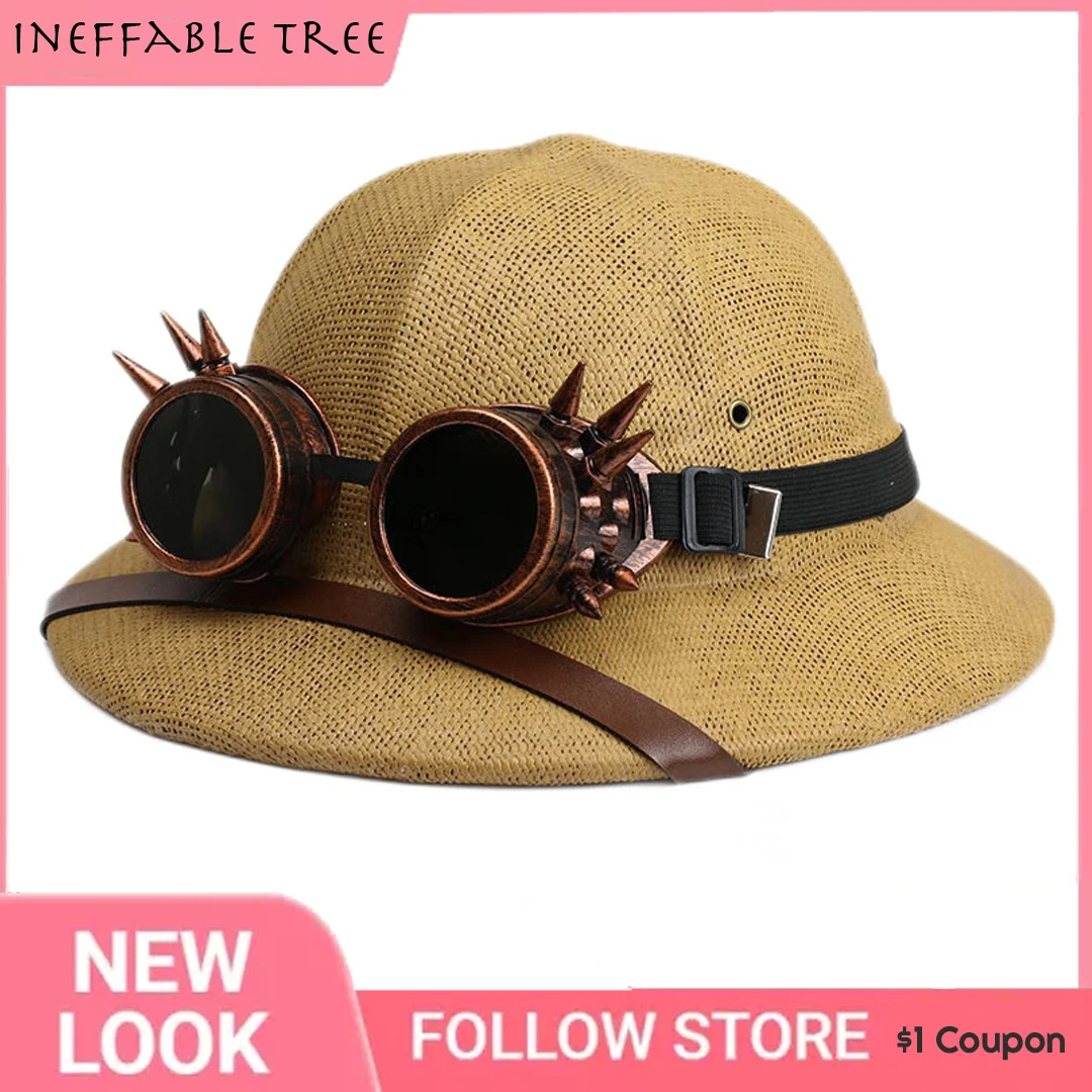 Parent-child Novelty Vietnam War Army Straw Hat Steampunk Helmet Pith Sun Hat Women Men Glasses Safari Jungle Miners Cap