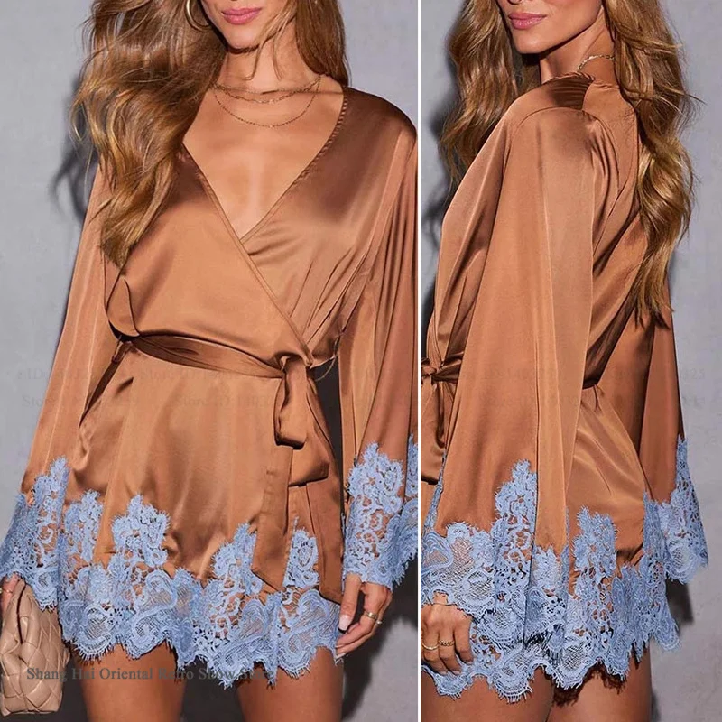 

Sexy Womens Robe Kimono Bathrobe Gown Patchwork Lace Negligee Nightgown Home Dress Summer New Nightdress Loungewear Lingerie