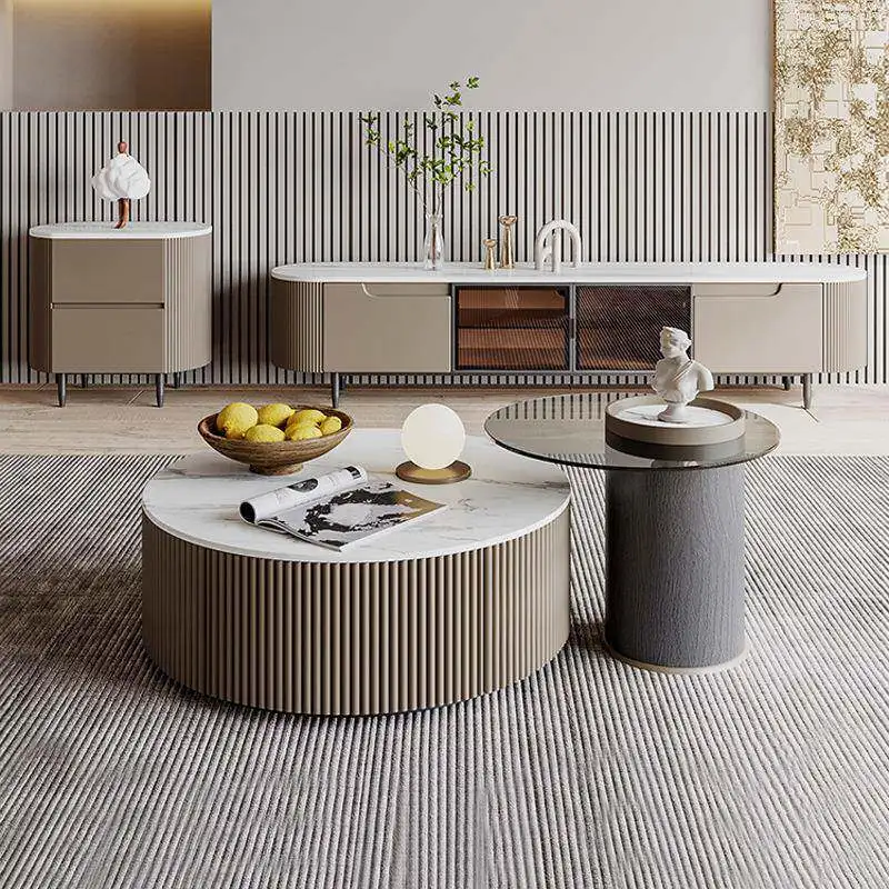 Modern Home TV Stand and Coffee Table Set Living Room Furniture Storage TV Cabinet Luxury Round Wooden Center Coffee Table
