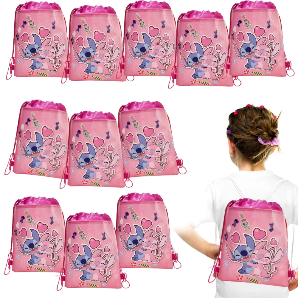 Bolsa con cordón de Lilo & Stitch rosa para niñas, bolsillo receptor de regalo de tela no tejida para niños, mochila, decoraciones para fiesta de bienvenida de bebé y cumpleaños
