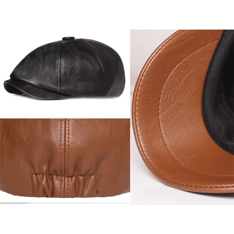 British Retro Men Leather Flat Octagonal Hat Spring Autumn Winter Leisure Beret Cap PU Newsboy Cap Brown Red Women Painter Beret