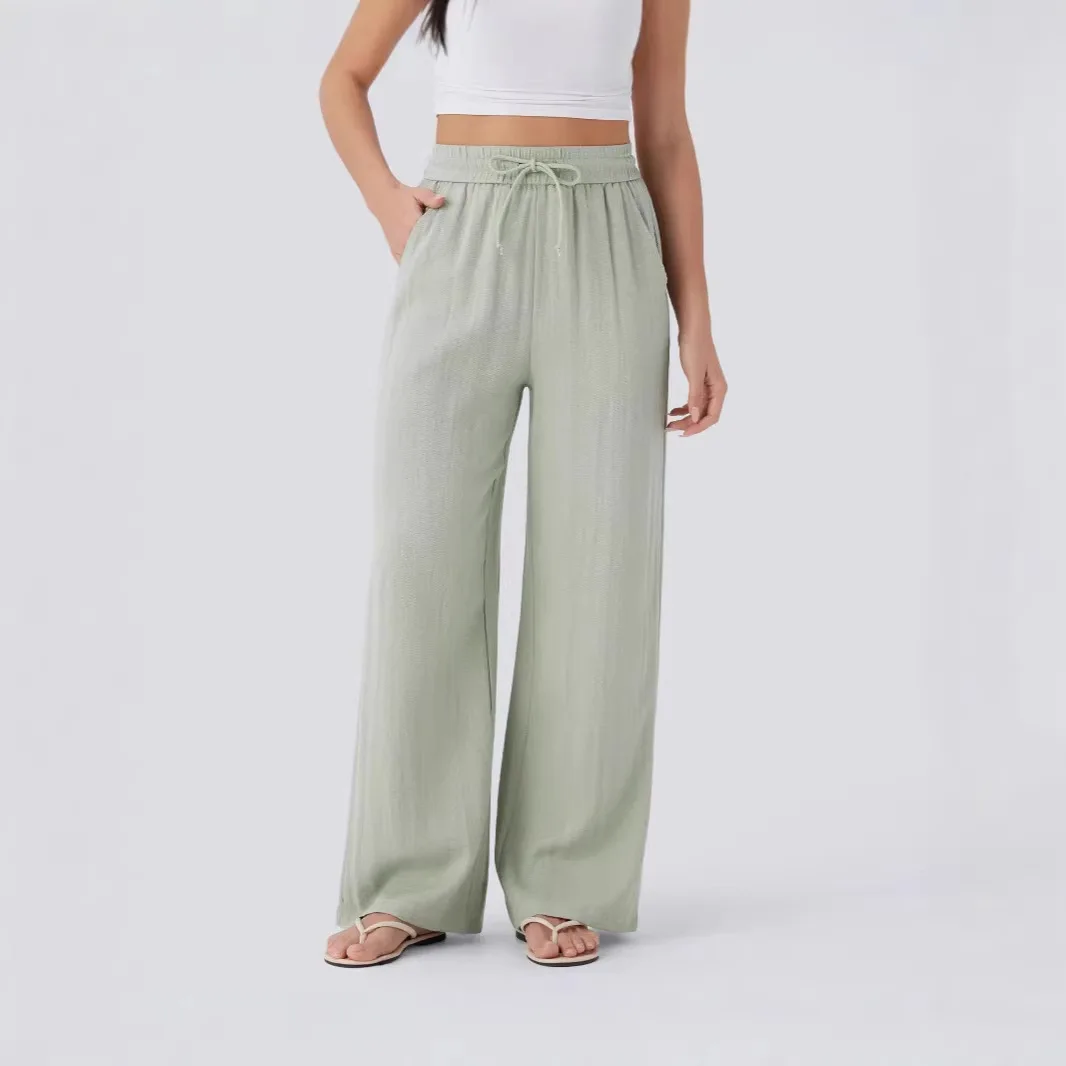 Pant women 2026 casual high-waisted drawstring side pocket casual linen pants flowing wide-leg beach pants elastic tightness