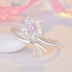 New Sterling Silver Ring Adjustable Open Flowers Couple Engagement Rings For Women Wedding Ring Party Fashion Jewelry Gift