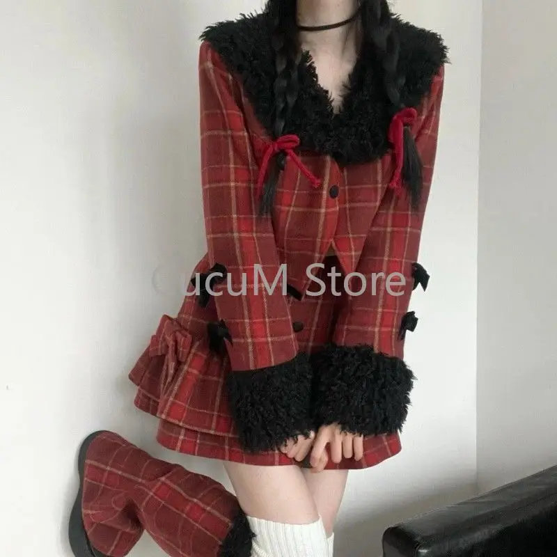 Winter Vintage Tweed Skirt Suit Gothic Y2k Girl Cropped Coat Tops High Waist Ruffle Mini Plaid Skirt Leg Covers Set Women Outfit