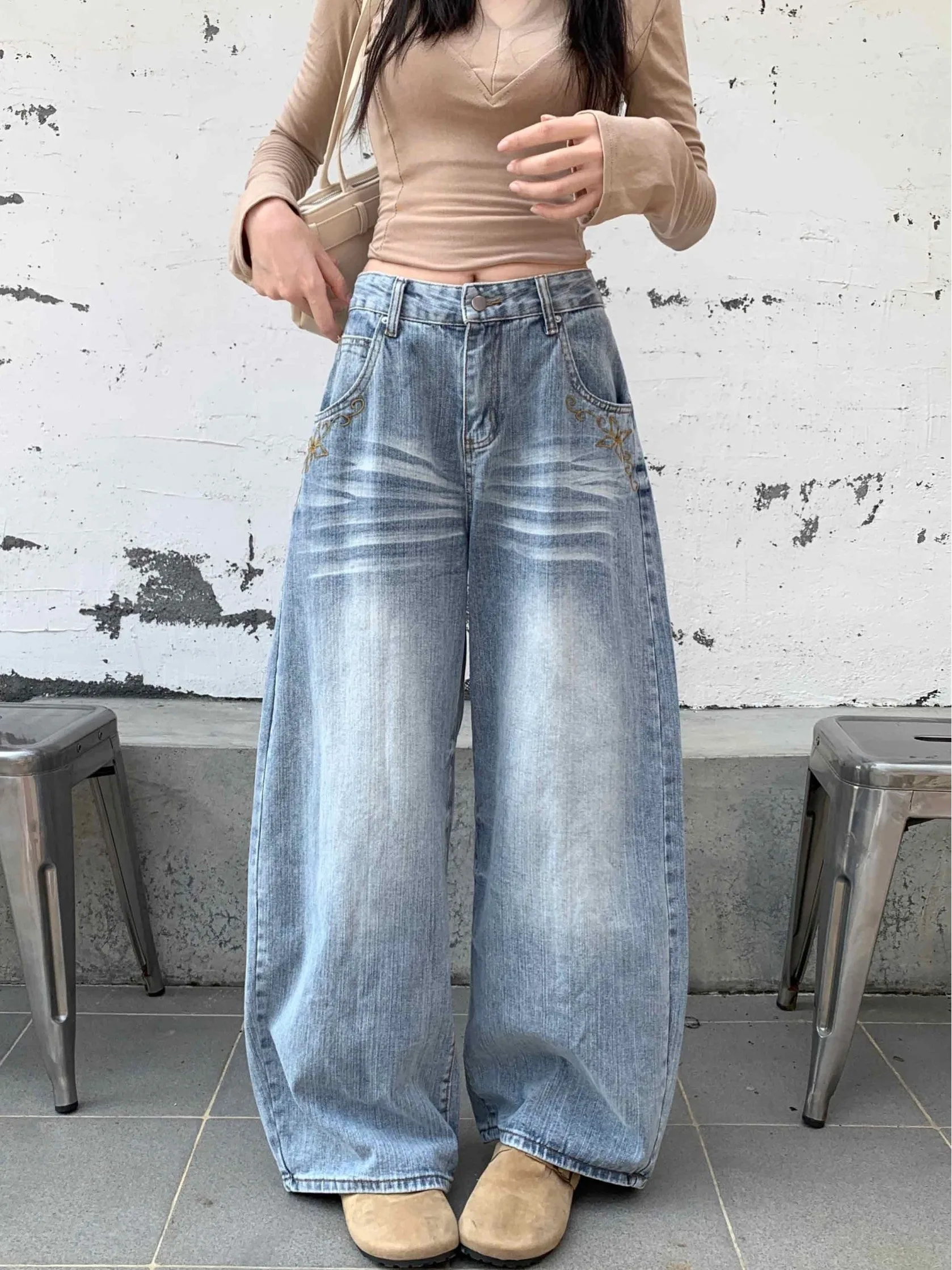 

High Waist Wide Leg Straight Cut Jeans Women's Autumn Winter New Style Retro Washed Denim Pants plus Size Slimming Long Trousers