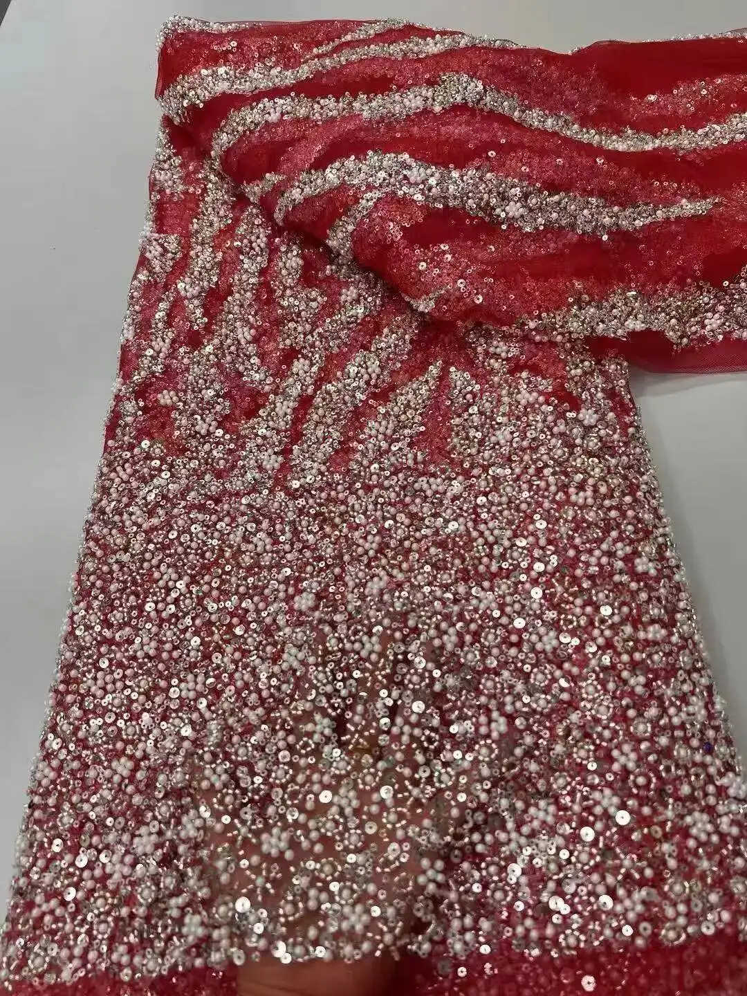 

African Nigerian 2025 Beaded Emboridery Lace High-End Luxury French Sequin Net Lace Fabric For Wedding Party Dress Women