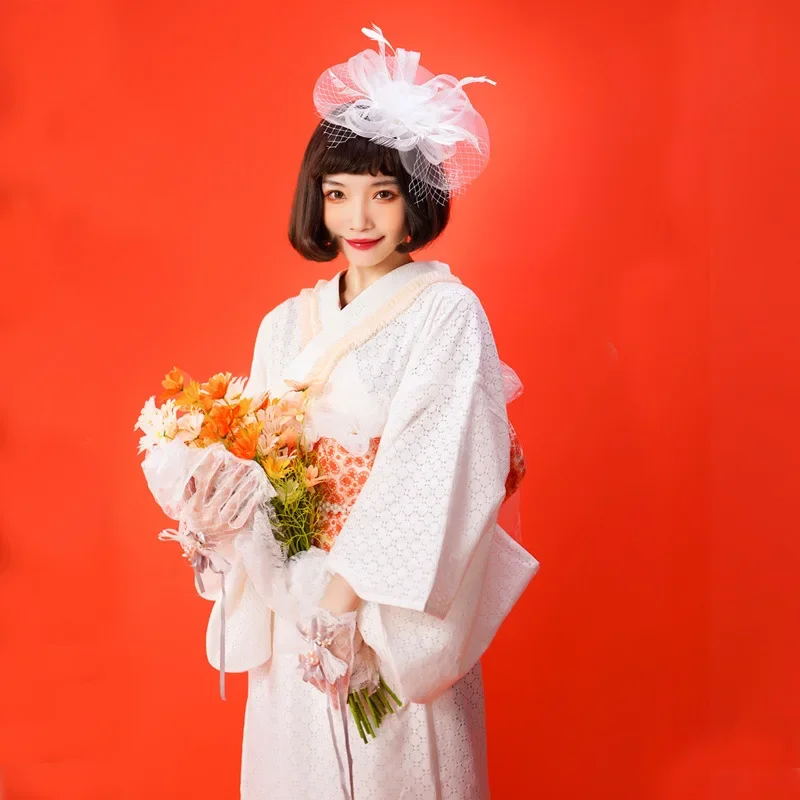 Women's White Lace Taisho Kimono Yukata Set Double Layers Casual Cosplay Costume Vintage Photography Dress Japanese Style