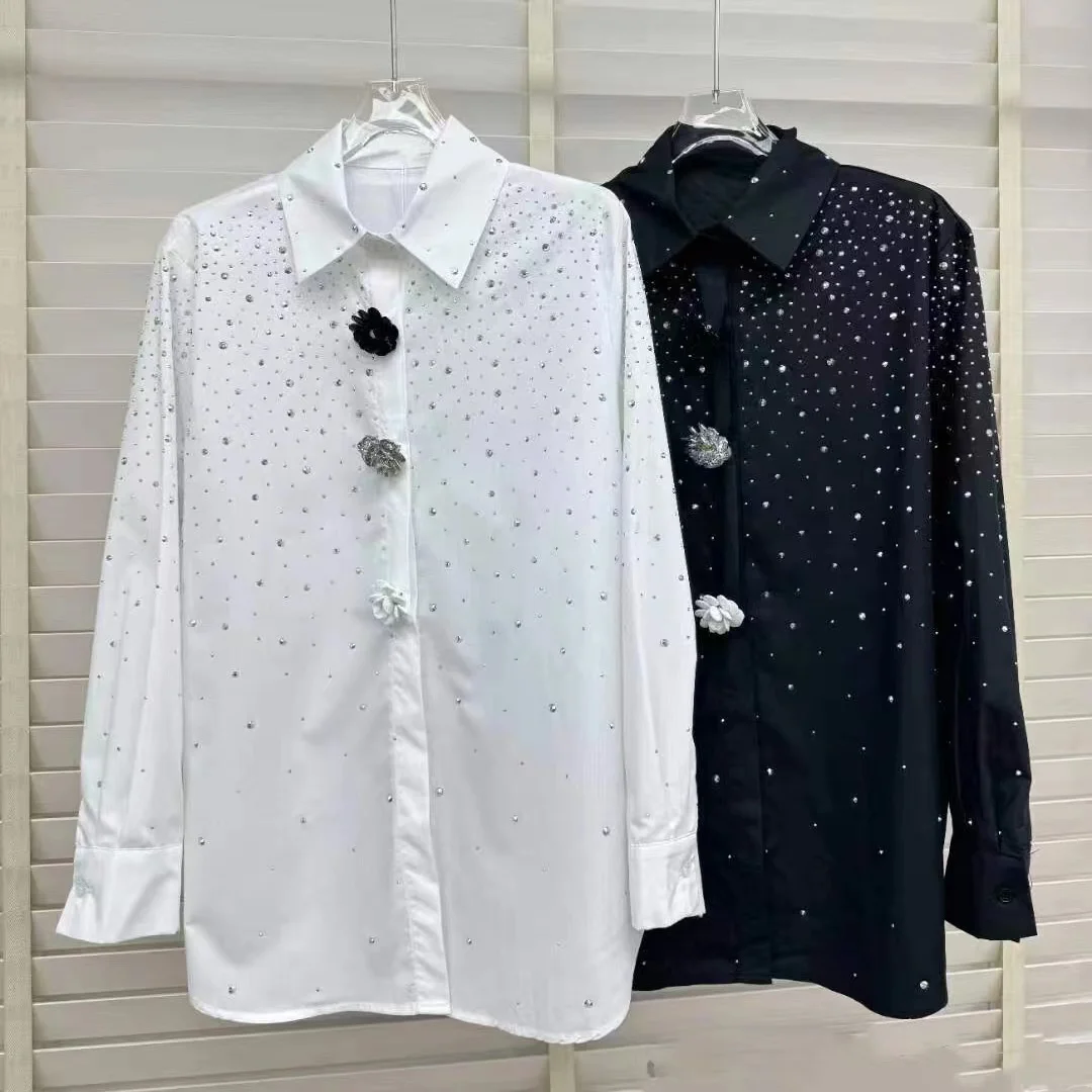 New In Hot Drilling Diamonds Black White Shirts For Women Fashion Long Sleeve Buttons Up Blouse Tops Blusas