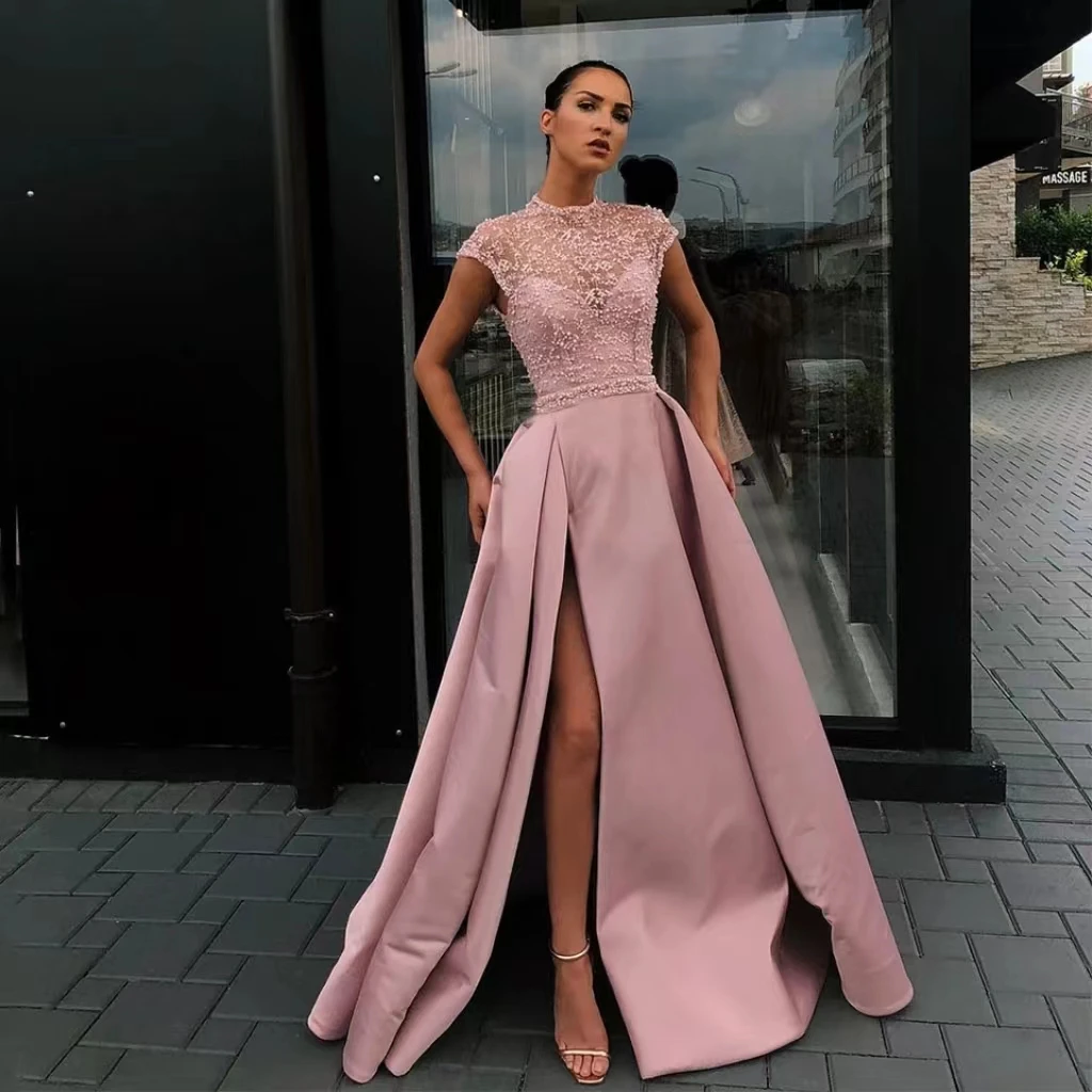 

New Dubai Arabic Lavender Satin Elegant Long Evening Boho Prom Dresses with Slits Pearl Women 2023 Special Occasion Gowns