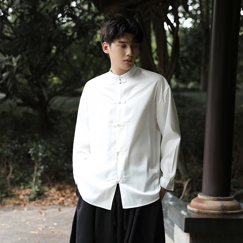 

Chinese Style Long Sleeve Men's Shirt Vintage Button up Top Spring Autumn Fashion Brand Retro Tang Costume Hanfu Shirt