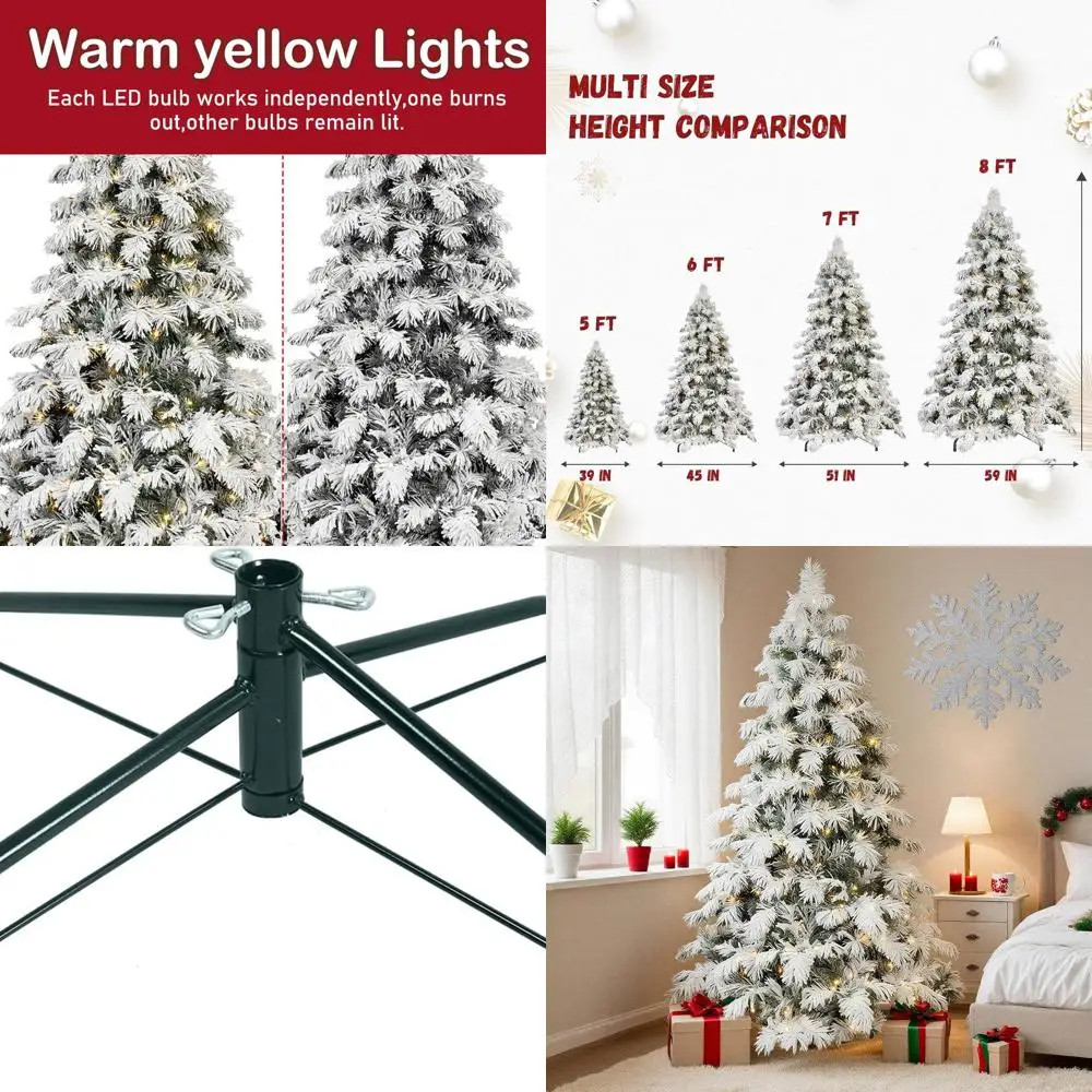 

6-Foot Flocked Snowy Pine Christmas Tree with 270 LEDs, Hinged Branches, Metal Stand for Indoor Holiday Decor