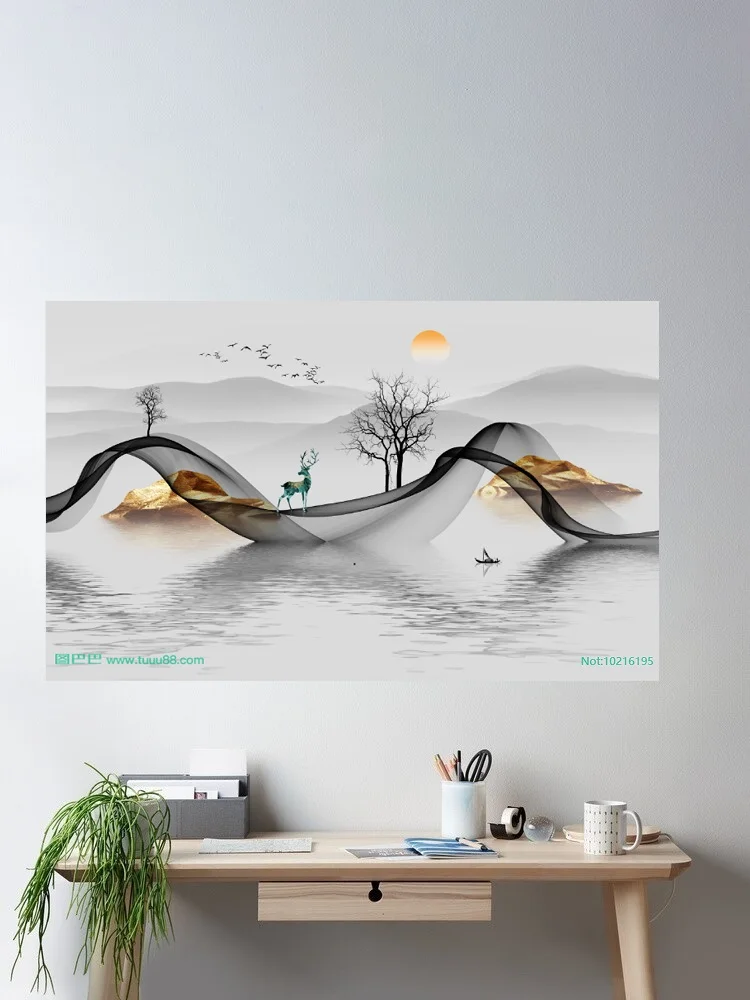 Neo-Chinese abstract landscape, Print Art Canvas Poster, For Living Room Decor, Home Wall Picture