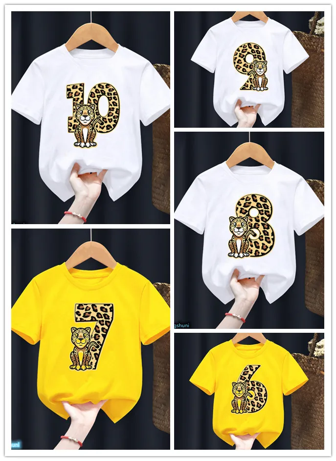 T-Shirt For Boys Funny Animal Leopard 1-10th Birthday Number Print Kids Clothes T Shirt Summer Boys Birthday Clothes Baby Tshirt