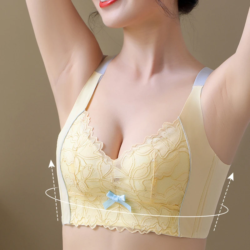 Soutien-gorge en dentelle florale pour femme, sous-vêtement sexy, décolleté plongeant en V, confortable, push-up, brassière sans fil, lingerie