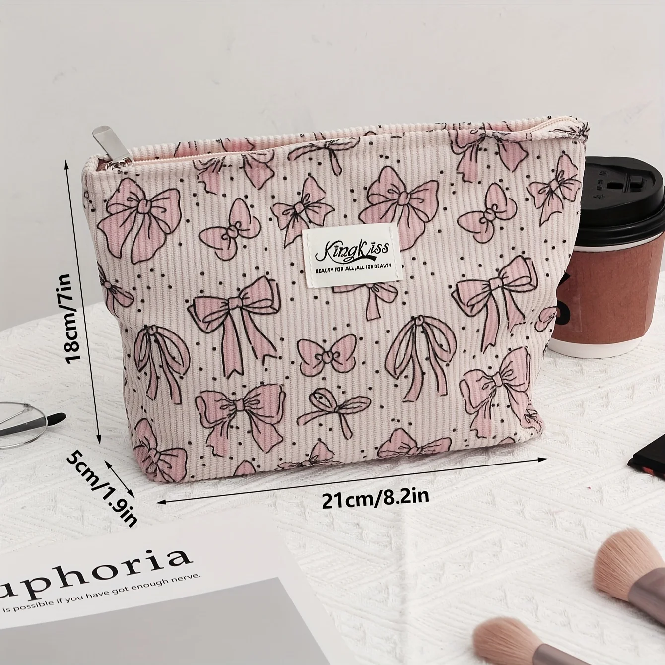 Borsa per il trucco in velluto a coste con motivo a fiocchi, borsa per cosmetici con cerniera leggera organizzatore per articoli da toeletta