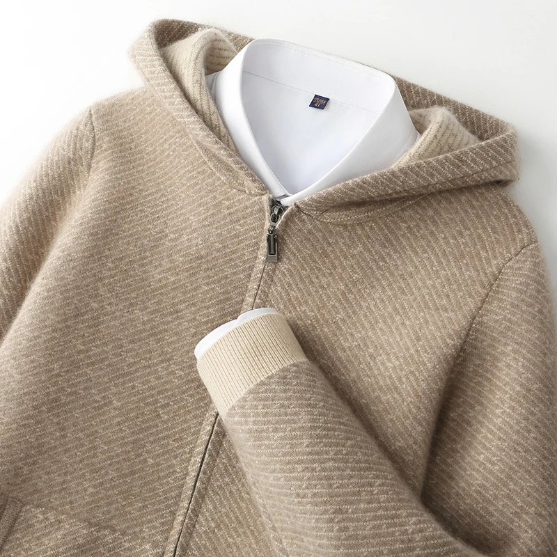 Fashion Sweaters Men's Pure Wool Cardigan Hoodie Jacquard Sweater Coat Zipper Up Knit Cardigans Thick Male Outerwear Hooded Top