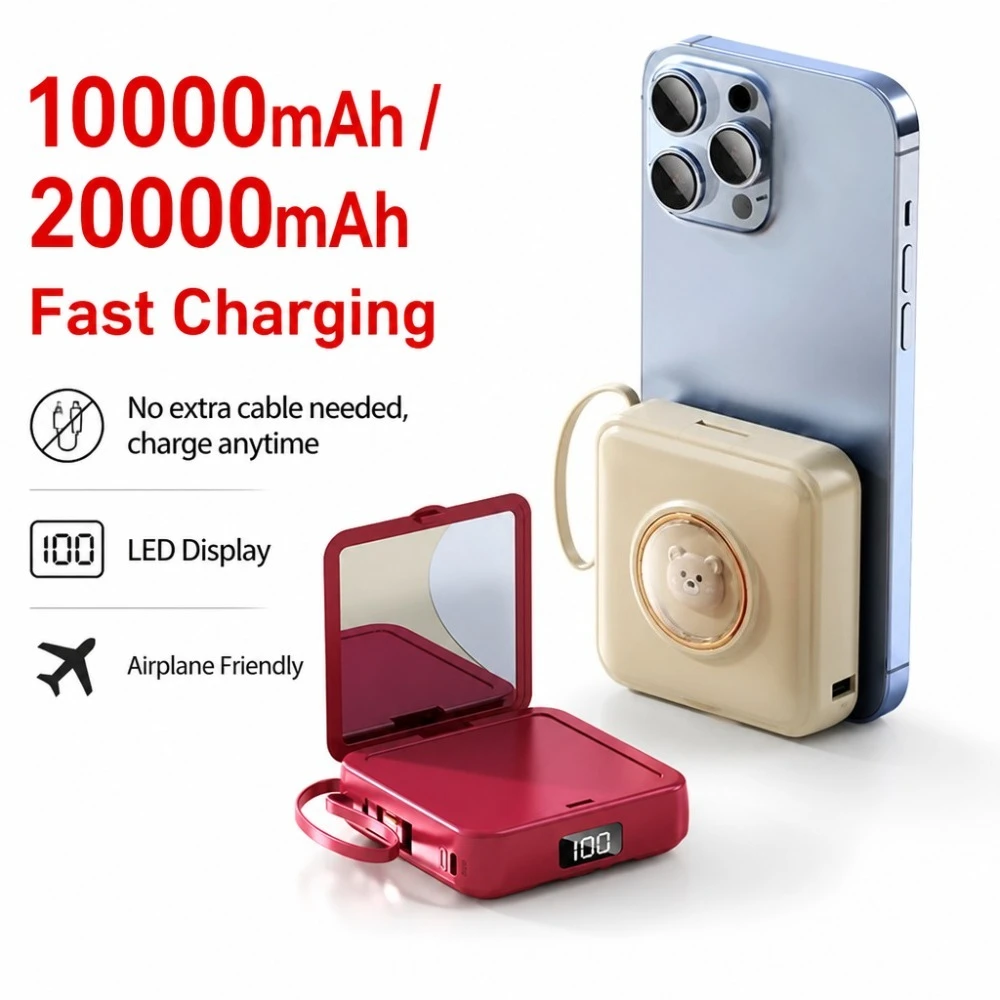 10000mAh 20000mAh Power Bank Built-in Cable Cute Fast Charging Portable Charger LED Display Travel Battery Pack for Airplane