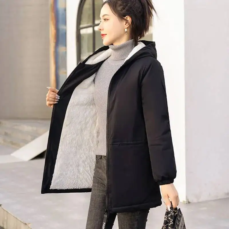 

Lucyever Winter Plus Veet теплое пальто женское утепленное флисовое парка с капюшоном на молнии куртка уличная ветровка пальто