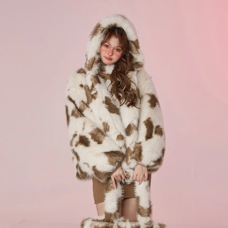 Oversized Leopard Faux Fur Coat Women Winter Sweet Harajuku Y2k Fashion Girls Thicken Fox Fur Jacket Hooded Overcoat Outwear