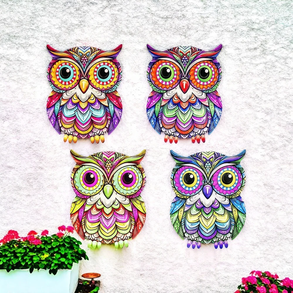 لافتة للنظر المعادن الفن البومة جدار ديكور ملون الحديد الفن البومة المنحوتات البومة معلقة حلية للخارجية المنزل ساحة حديقة سياج