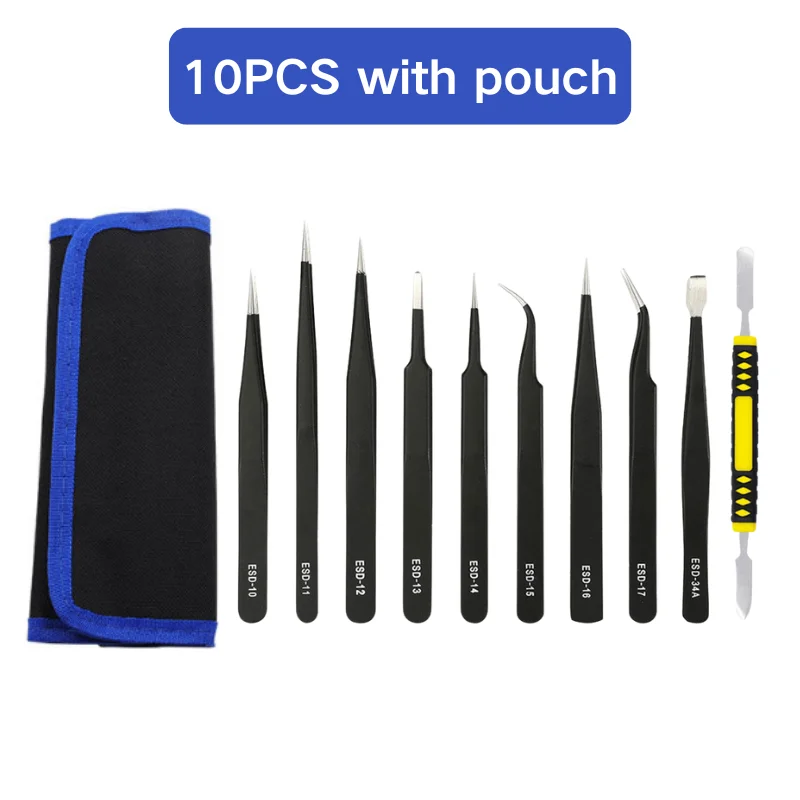 10 In 1 Antistatic Electrostatic Tweezers Stainless Steel Professional Precision Maintenance Multipurpose Phone Repair Tools Set