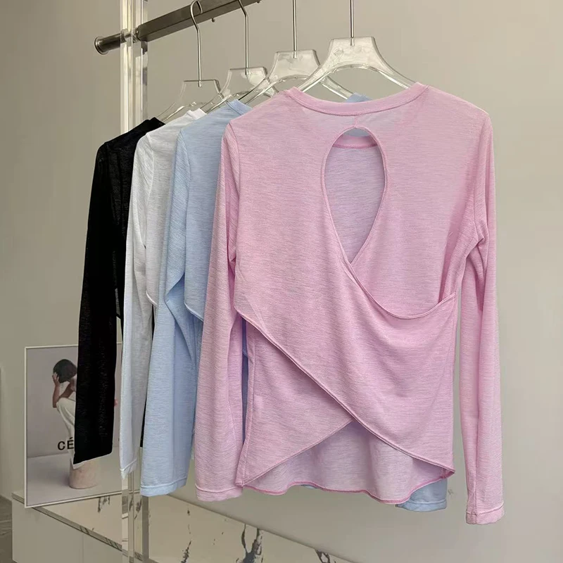 Automne mince ample à manches longues gymnase respirant Yoga Blouse creux beauté dos course croix Yoga vêtements Fitness Pilates haut costume