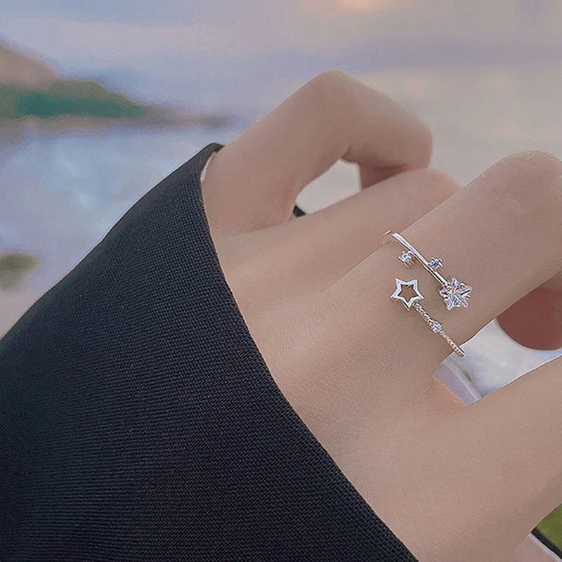 CIAXY Silver Color Hollow Five-pointed Star Rings for Women Flower Vine Adjustable Ring Inlaid Zircon Wedding Jewelry
