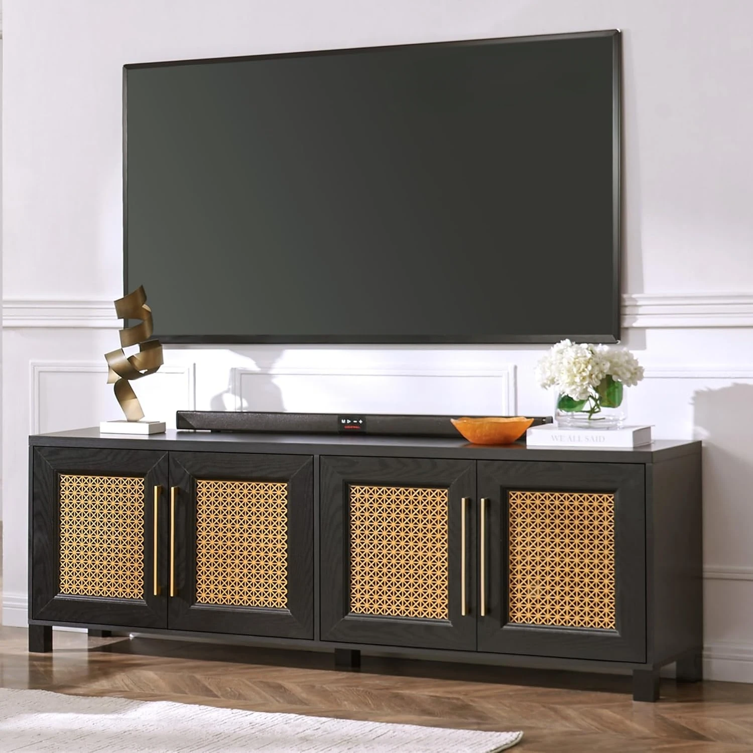 

Mid Century TV Stand with Hollow Metal Mesh Decorated for TVs up to 75", Boho Black Console with Storage Cabinets, Cable Holes