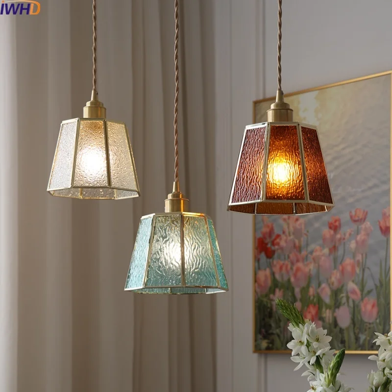 

IWHD Modern Style LED Pendant Lamps For Corridor Bedroom Living Room Colorful Glass Hanging Lights Fixtures Copper Chandelier